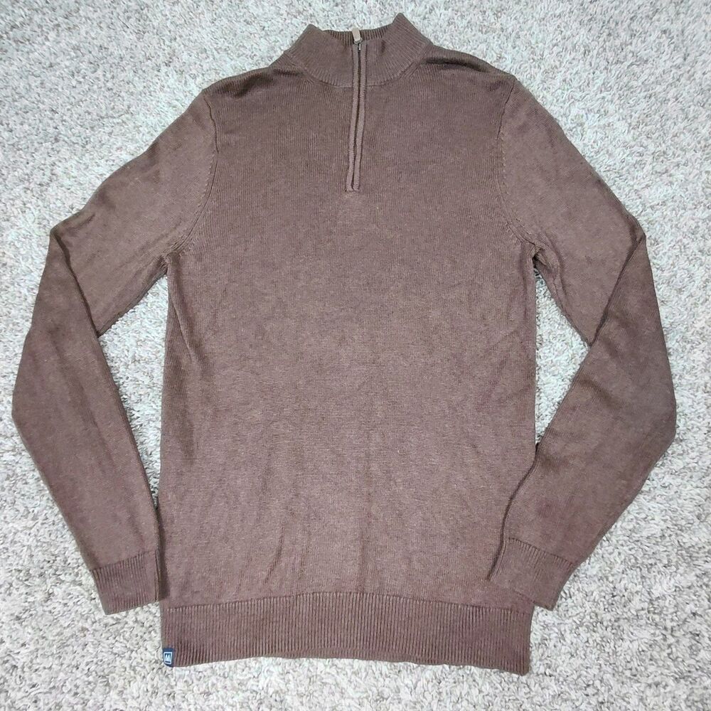 MIZZEN + MAIN Sweater Mens Small 1/4 Zip Pullover Brown Rayon Nylon